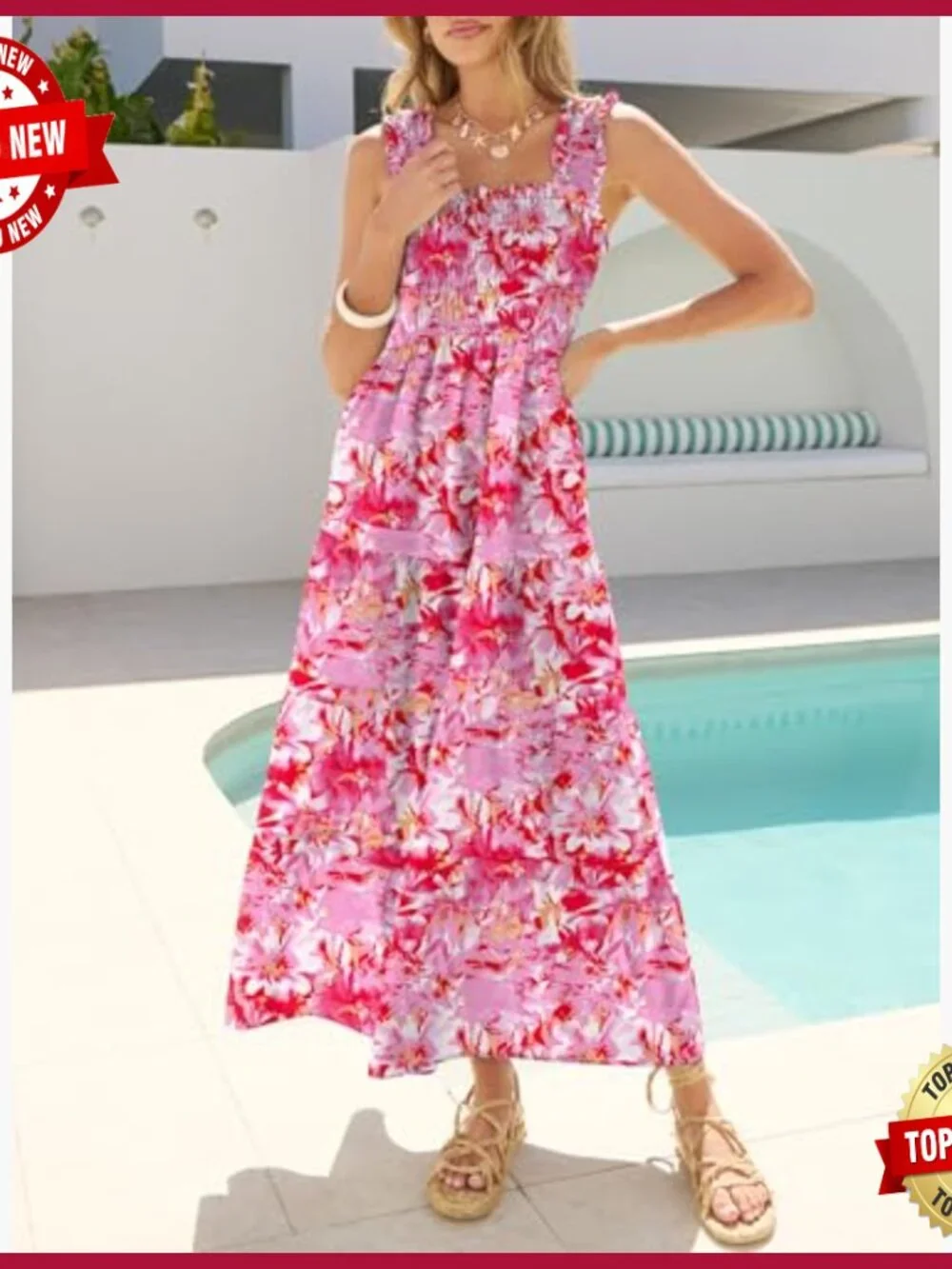 Sleeveless Maxi Dress Smocked Bodice Tiered A-Line Flowy Summer Beach - Picture 5 of 7